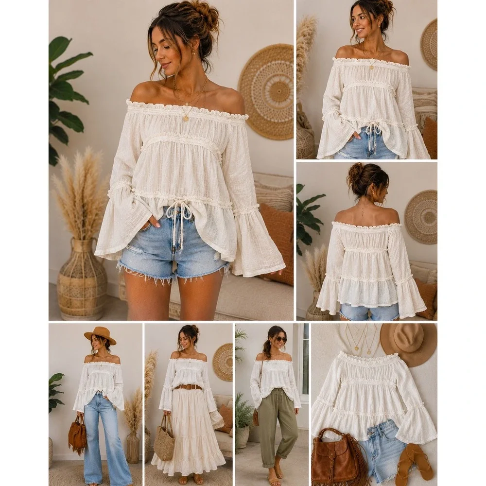 Free People‎ Peasant Top S Ivory Cotton Gauze Off Shoulder Bell Sleeve Boho
